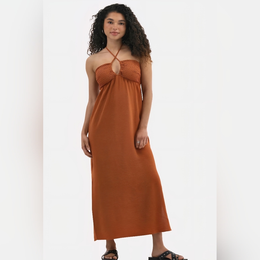 NWT! Elegant Halter Neck Brown Maxi Dress